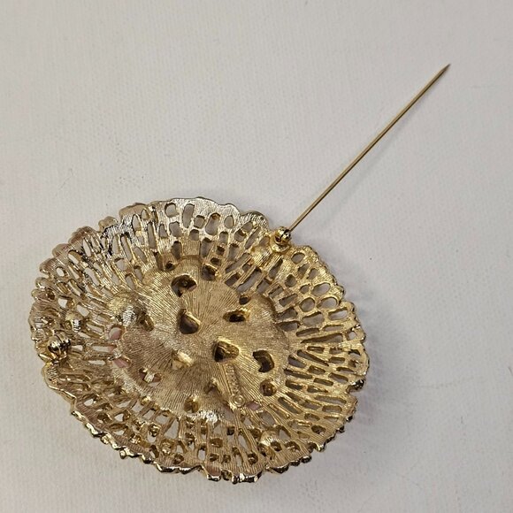 Sarah Coventry Domed Gold Tone Brooch Pink Cabochons Green Rhinestone Faux Pearl - Picture 4 of 7